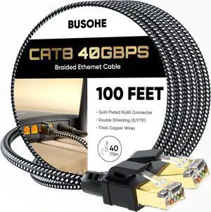 BUSOHE Cat 8 Ethernet Cable 100 FT, High Speed 40Gbps 2000Mhz Braided Network Internet Cable with Gold Plated RJ45 Connector, Heavy Duty LAN Cable S/FTP UV Resistant for Router/Gaming/PC, 40 Clips