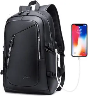 DYJ Vegan Leather Laptop Backpack for Women&Men, Faux Leather Vintage Weekend Travel Daypack with USB Charging Port Fit 17 Inch Laptops