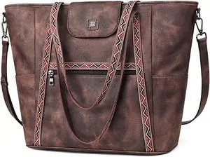 FADEON Large Laptop Tote Bag for Women Designer Leather Laptop Bag Fashion Travel Backpack Purse Shoulder Handbag Coffee Brown