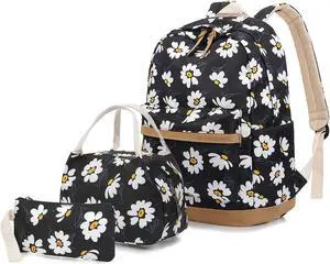Junlion Flowers Backpack Kids School Bag 3-in-1 Bookbag Set, Laptop Backpack Lunch Bag Pencil Case Gift for Teen Girls Womens Daisy Black