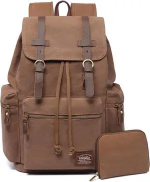 KAUKKO Vintage Casual Canvas and Leather Rucksack Backpack 19L,KHAKI