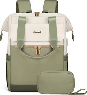 LOVEVOOK Laptop Backpack for Women, 15.6 Inch Work Laptop Bag with USB Port, Fashion Teacher Nurse Backpack Purse, Waterproof Travel Computer Backpack with Organizer Bag, 2PCS, Beige-Bean Green