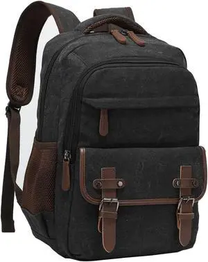 LUNLOPIK Canvas Laptop Backpack with USB Charging Port, Vintage Daypack for Men Women, Black Travel Work Rucksack College Computer Bag Bookbag Fits 15.6 Inch Lapop, Black