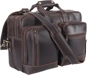 Masa Kawa Leather Briefcase for Men Expandable Large Vintage 17 Inch Laptop Messenger Bag Crossbody Shoulder Business Travel Duffel Bags Attache Case