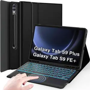 Nanhent Keyboard Case for Samsung Galaxy Tab S9 FE+/S9+ Plus 12.4 Inch 2023, 7 Colors Backlit, Smart Touchpad, Detachable Bluetooth Wireless Trackpad Keyboard & Slim PU Stand Cover with S Pen Holder