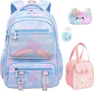 4Pcs Kawaii Backpack Set, 17in Rainbow Laptop Bag Water Resistant Daypack, Cute Large Capacity Double Shoulder Backpack with Insulated Lunch Box Pencil Case Key Chain(Blue)