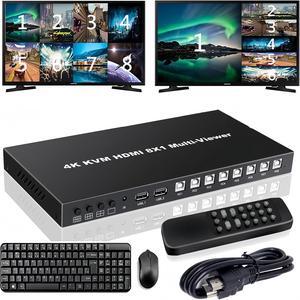 HDMI Multiviewer 8X1 with KVM PIP Multiviewer 8-in-1-out 4K Quad Multiviewer Seamless Switcher with KVM 7 Display Modes IR Remote RS232 Mouse Keyboard Control Supported Supports 4K@60Hz,HDR,HDCP2.2 et