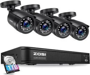 ZOSI 1080P Home Security Camera System, H.265+ 8CH 5MP Lite CCTV DVR Recorder with 1TB HDD and 4 x 1080P Weatherproof Surveillance Bullet Camera Outdoor Indoor, 80ft Night Vision, Motion Alerts