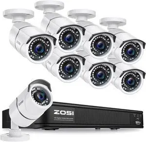 ZOSI 1080p H.265+ Security Camera System for Home, 5MP Lite 8 Channel CCTV DVR and 8 x 1080p Weatherproof Bullet Cameras Outdoor Indoor with 120ft Night Vision and 105degWide Angle (No HDD Included)
