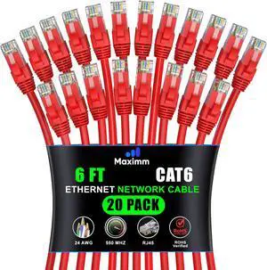 Maximm Cat 6 Ethernet Cable 6 ft (20-Pack) - High-Speed LAN Cable, Internet Cable, Patch Cable, and Network Cable - UTP, 10Gbps, 550MHz Ethernet Cord - Red