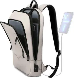 hk Backpack for Men Business Slim Backpack with USB Charger Computer Lightweight Anti-theft Travel (White, 15.6 Inch)