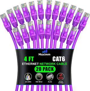 Maximm Cat 6 Ethernet Cable 4 ft (20-Pack) - High-Speed LAN Cable, Internet Cable, Patch Cable, and Network Cable - UTP, 10Gbps, 550MHz Ethernet Cord - Purple
