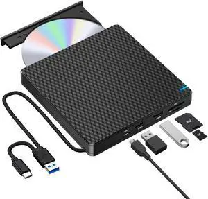 Guamar External DVD Drive for PC: USB-C Slim Portable CD Burner for Laptop Mac Windows 11 with SD/TF Slot/2 USB Ports Fast Data Transfer - Plug & Play