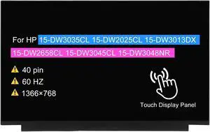 BTSELSS 15.6" LCD Screen Replacement for HP 15-DW3035CL 15-DW2025CL 15-DW3013DX 15-DW2658CL 15-DW3045CL 15-DW3048NR Touch Display Panel HD 1366x768 40 pin 60Hz