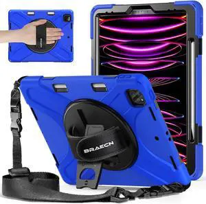 BRAECNstock Case for Apple iPad Air 13 inch/Pro 12.9 inch 6th/5th/4th/3rd Generation, Shockproof Protective iPad Kids Case with Pencil Holder, [360deg Rotating Stand&Hand Strap], Shoulder Strap, Blue