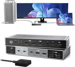 DEPZOL Dual Monitor KVM Switch Docking Station 4K@60Hz for 2 Computers 2 Monitors, PC Keyboard Video Mouse Switch Selector Dock with USB C 7.5W and 15W PD Charging