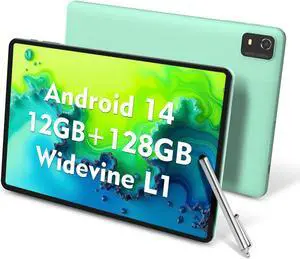 CWOWDEFU 10 Inch Android 14 Tablet, 12GB+128GB, Expand 1TB, Widevine L1 Compatible Octa-Core With WiFi 6, 6000mAh, Dual 8MP+5MP Camera, Face ID/Reading/Gaming (Green)