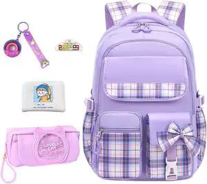 dKargo Purple Girls Backpack for Elementary School - 5Pcs Kawaii Bookbag for Kids Cute Plaid Girls Schoolbag Daypacks for Students Teen Kids Casual Travel Bag (Purple Plaid)