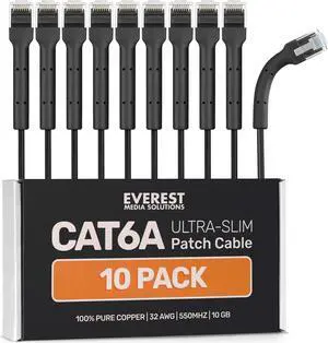 Everest Ultra Slim Cat6a Ethernet Patch Cables 15ft (10-Pack) Black - 10GB Cat 6a Patch Cable - Bendable, Flexible & Thin Ethernet Cable - Space Saving 32AWG 550MHZ Cat6a Cables - 100% Copper Wires