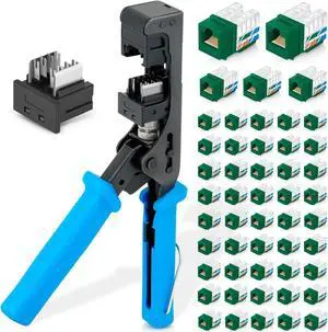 Bundle - 3 Items: easyJACK - 90deg Angled Speed Termination Tool + Replacement Head + 90deg Angled Cat6 Keystone Jacks in Green (50 Pack)