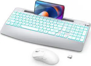 GAMCATZ Wireless Keyboard and Mouse Backlits - Full-Sized Ergonomic Lighted Keyboard with Wrist Rest, Phone Holder,2.4GHz Rechargeable Silent Keyboard Mouse Combo for Computer, Laptop, PC, Mac -White