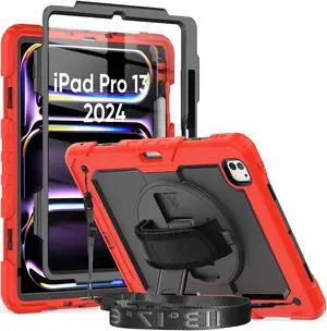 Herize Case for iPad Pro 13 7th Generation with Screen Protector | Case Compatible with iPad 13 Inch for Kids Girls Boys | Shockproof Rugged Protective Cover W/Stand Hand Grip Shoulder Strap | Red