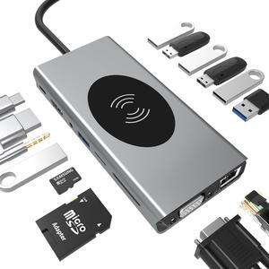 15-in-1 USB-C Docking Station with 4K HDMI, Wireless Phone Charger, for MacBook Pro/Air, Dell, Lenovo, HP - Including VGA, SD/Micro SD/TF Card Reader, Ethernet, USB-C PD,SUB 3.0 & USB 2.0, Audio Jack
