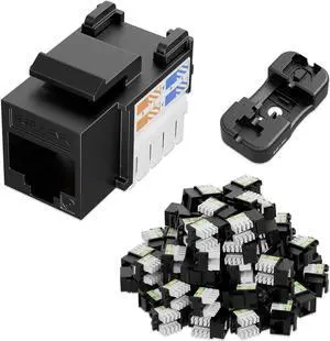 iwillink 10Gbps Cat6 Keystone Jack and Punch-Down Stand, 50-Pack, RJ45 Ethernet Keystone Jacks, 90-Degree UTP Modular Punch Down Keystone Jack Adapter, Black