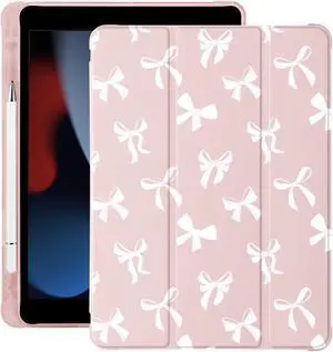 Cute Kawaii Bow for iPad 7th/8th/9th Generation Case with Pencil Holder, Auto Sleep/Wake, Pink Leather Soft TPU Back Cover for iPad 10.2 Inch 2019/2020/2021