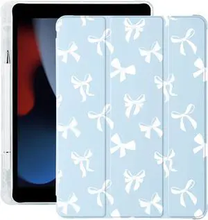 Cute Kawaii Bow for iPad Pro 13 Inch Case M4 2024 (7th Generation) with Pencil Holder, Auto Sleep/Wake, Blue Leather Soft TPU Back Cover