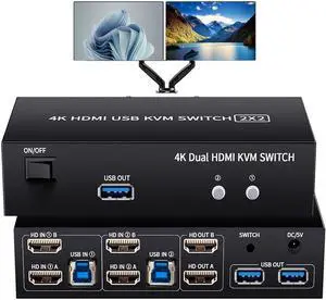 LUKFOCAB 2 HDMI Port KVM Switch Dual Monitor with 3 USB 3.0 Ports, HDMI KVM Switch for 2 Monitors 2 Computers, Support 4K@60Hz Copy Extended Splicing Display, Button Controller & 2 USB Cables Included