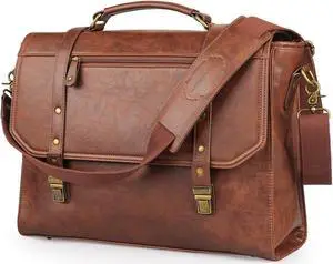 Mens messenger bag 15.6 inch, Waterproof Faux Leather Laptop Briefcase Large Computer Laptop Bag Leather Satchel Bag Retro Shoulder Bag for Office Business Travel College Brown