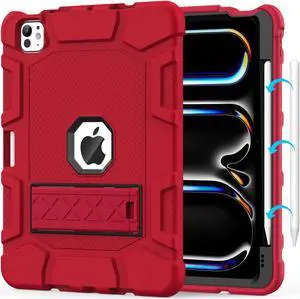 MARIWIVI Case for iPad Pro 11 inch Case 2024 (M4) with Pencil Holder, Built-in Stand Shockproof Rugged Protective Cover for iPad 11 Pro 11 inch 5th Gen (Red)