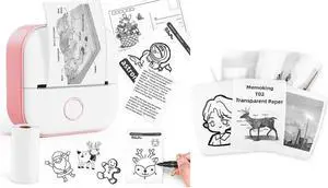 Mini Printer - T02 Label Maker with 3 Rolls Paper, Sticker Printer Machine, Inkless Portable Study Printer for Anatomical Diagram and 3 Rolls of Clear/Transparent Paper