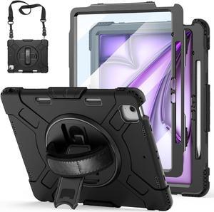 Case for iPad Air 13 Inch M3/M2 (2025/2024): Silicone Shockproof Case with Screen Protector - Stand - Handle - Shoulder Strap - Pen Holder- Black