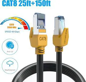 MUKSIRON Cat 8 Ethernet Cable 25 ft+150 ft,Outdoor&Indoor,Cat8 High Speed LAN Network Cable 40Gbps,2000Mhz with RJ45 Connector, Weatherproof S/FTP UV Resistant for Modem/Router/Gaming