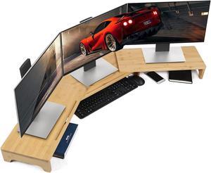 Nnewvante Monitor Stand Riser, 60 inch Large Bamboo Dual Monitor Stand for Desk, 3 Shelves Desktop Screen Riser with Adjustable Length Angle for Computer Laptop PC