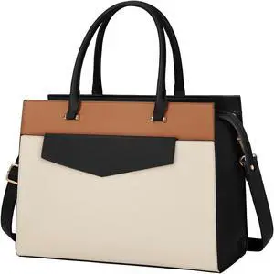 Laptop Bag for Women 15.6 inch Leather Tote Bag 2pcs Set Professional Work Bag with Clutch Purse Large Office Computer Bag Teacher Bag Shoulder Bag, Beige with Black