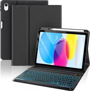 OYEEICE for iPad 11th (A16) &10th Generation Case with Keyboard - 7 Color Backlit Wireless Detachable Folio Keyboard Cover with Pencil Holder for iPad 11 inch A16 2025 10th Gen 10.9'' 2022 - Black