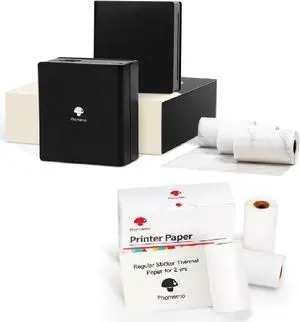 Phomemo M02 Black Pocket Printer with 6 Rolls Sticker Paper- for Work List, Study Notes, Photo Printing, Home Organization, Gift