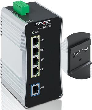 PROCET Gigabit PoE Switch 4-Port Din Rail, 90W/Port, Industrial POE++ Ethernet Switch with Wide Temp -40degF to 149degF, AC/DC Input, IEEE802.3af/802.3at/802.3bt, PT-PIS4PB1T-AC