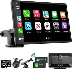 RLIERCI Portable Carplay Screen for Car, 9" Wireless Carplay Touchscreen with 4K Dash Cam, Android Auto Car Stereo, Car Audio Receivers with 1080p Backup Camera, GPS, Bluetooth, FM, Siri
