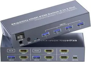 8K60Hz 4K120Hz HDMI KVM Switch 2 Monitors 2 Computers, USB 3.0 Dual Monitor HDMI KVM Switch, 2 Port HDMI KVM Switch for Controlling 2 PC with 1 Set of Keyboard, Mouse and 2 Monitors
