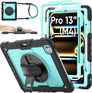 SEYMAC stock Case for iPad Pro 13 inch Case 2024 (M4), Shockproof Protective with Pencil Holder, Screen Protector, 360deg Rotate Stand, Adjustable Hand Strap, Shoulder Strap, SkyBlue