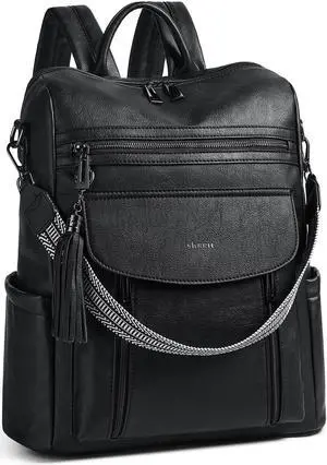 Shrrie Laptop Backpack for Women 15.6 inch,Travel Leather Backpack Purse Nurse Teacher Carry on Backpack Computer Bag,Professional Water-Resistant College Business Work Casual Daypack,Two-tone Black