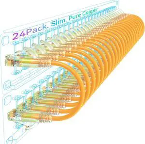 Sokqovt Cat6a Patch Cables Slim 10ft (24 Pack), Flexible Cat6 Ethernet Patch Cable 10G 550MHZ, 28AWG Pure Copper Cat6 Patch Cable for Network Cabinet, Cat 6 Patch Cable Orange