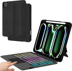 for 2024 iPad Pro 11-inch (M4) Detachable Keyboard Case: 3 Zone 7 Colors Backlit Magnetic Keyboard with Smart Trackpad - Wireless Key Board Folio Book Cover with Pencil Holder & Auto Sleep/Wake