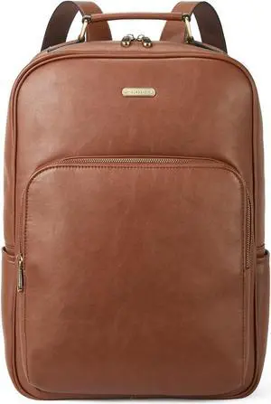 Telena Leather Laptop Backpack for Women College Casual 15.6 inch Work Computer Bag Brown