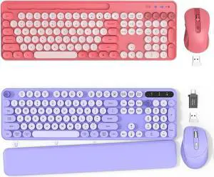2 Pack Wireless Keyboard and Mouse - Cute Typewriter Keyboard with Retro Round Keycaps, Foldable Legs, 2.4GHz Full-Size Keyboard for PC, Laptop, Windows