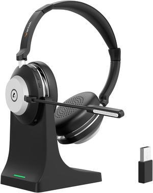 Wireless Headset with Microphone for PC,Bluetooth Headset with AI Noise Cancelling,Mic Mute,Charging Base & USB Dongle for Laptop/Computer/Cell Phone, Remote Work & Call Center